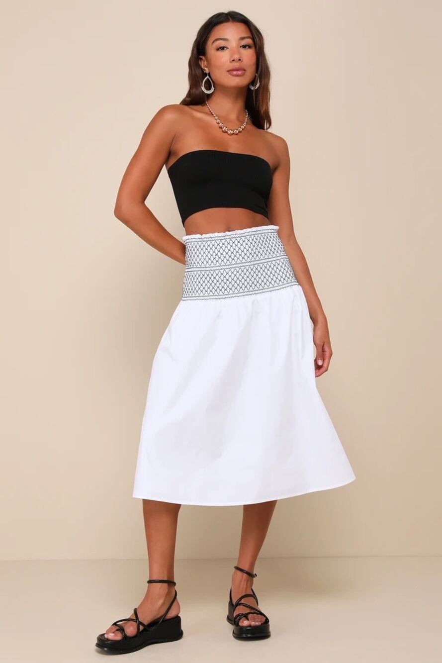 NWT Lulus White Smocked Embroidered Midi Skirt